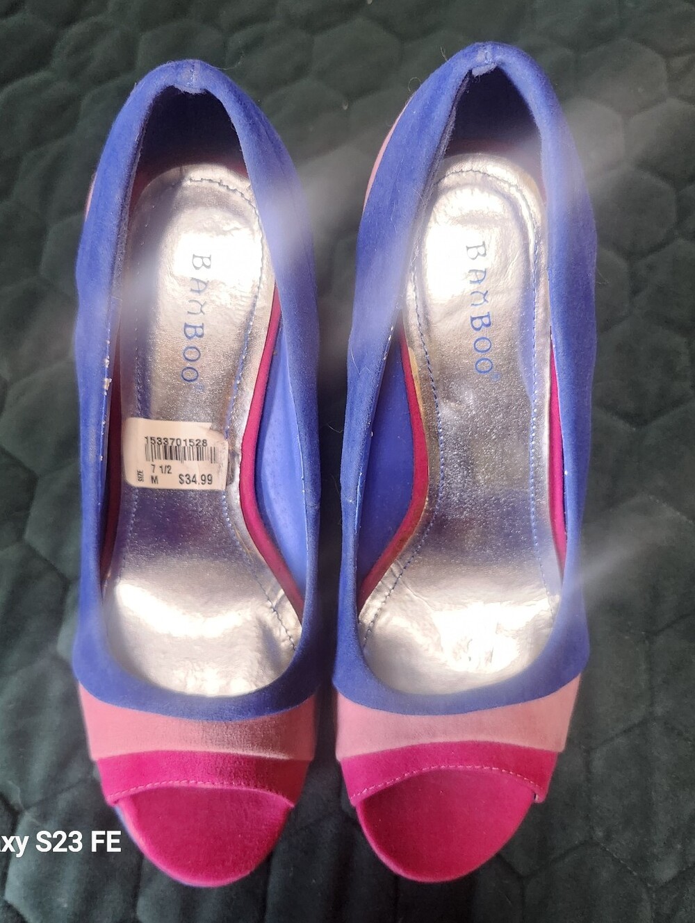 BAMBOO Blue and Pink Colorblock Peep-Toe Platforms
